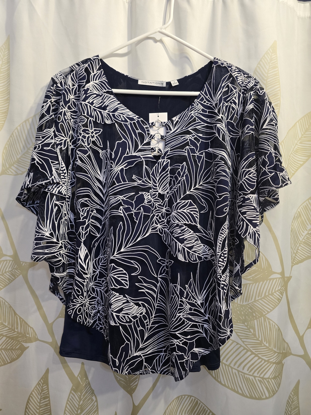 Notations Navy and White Floral Flutter Sleeve Top